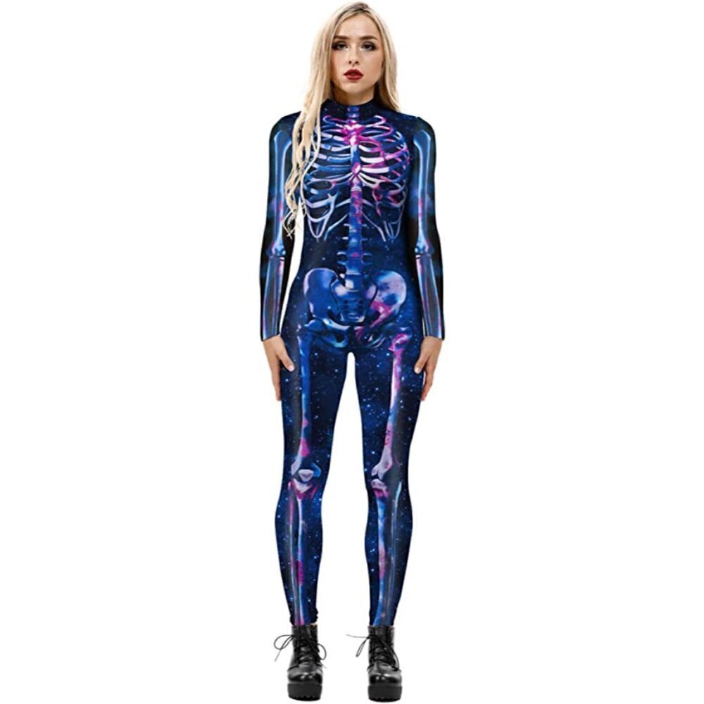 3d Skeleton Halloween Costume Cosplay Jumpsuit Bodysuit Colorful Long Sleeve NWT